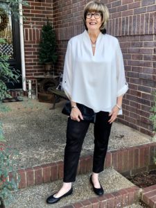 Pamela Lutrell in Faux leather leggings from Soft Surroundings