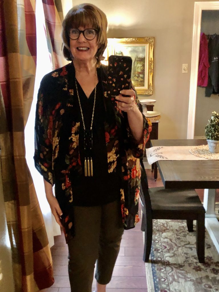 Pamela Lutrell in a Work at Home kimono style