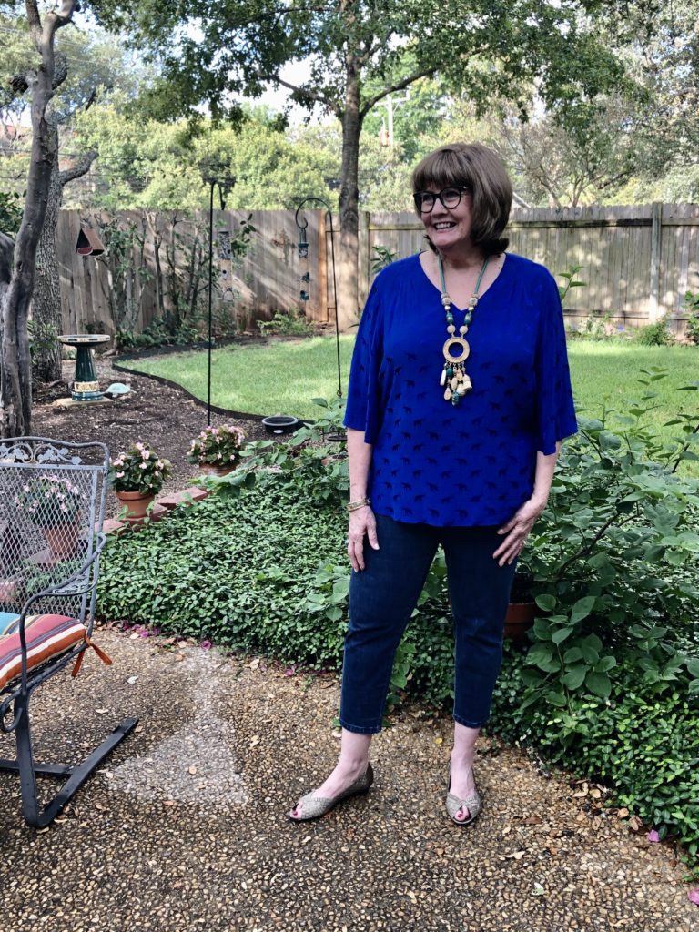 Summer Chico's top and necklace on Over 50 Feeling 40