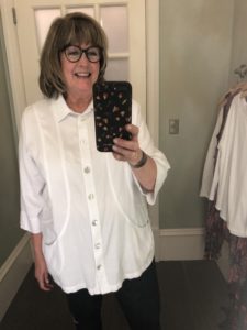 Pamela Lutrell in white Soft Surroundings top on over 50 feeling 40