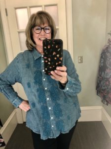 Pamela Lutrell in Embroidered Blouse at Soft Surroundings on Over 50 Feeling 40