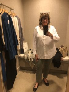 Pamela Lutrell in JJill white shirt on Over 50 Feeling 40