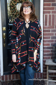 Pamela Lutrell in printed cardigan for fall