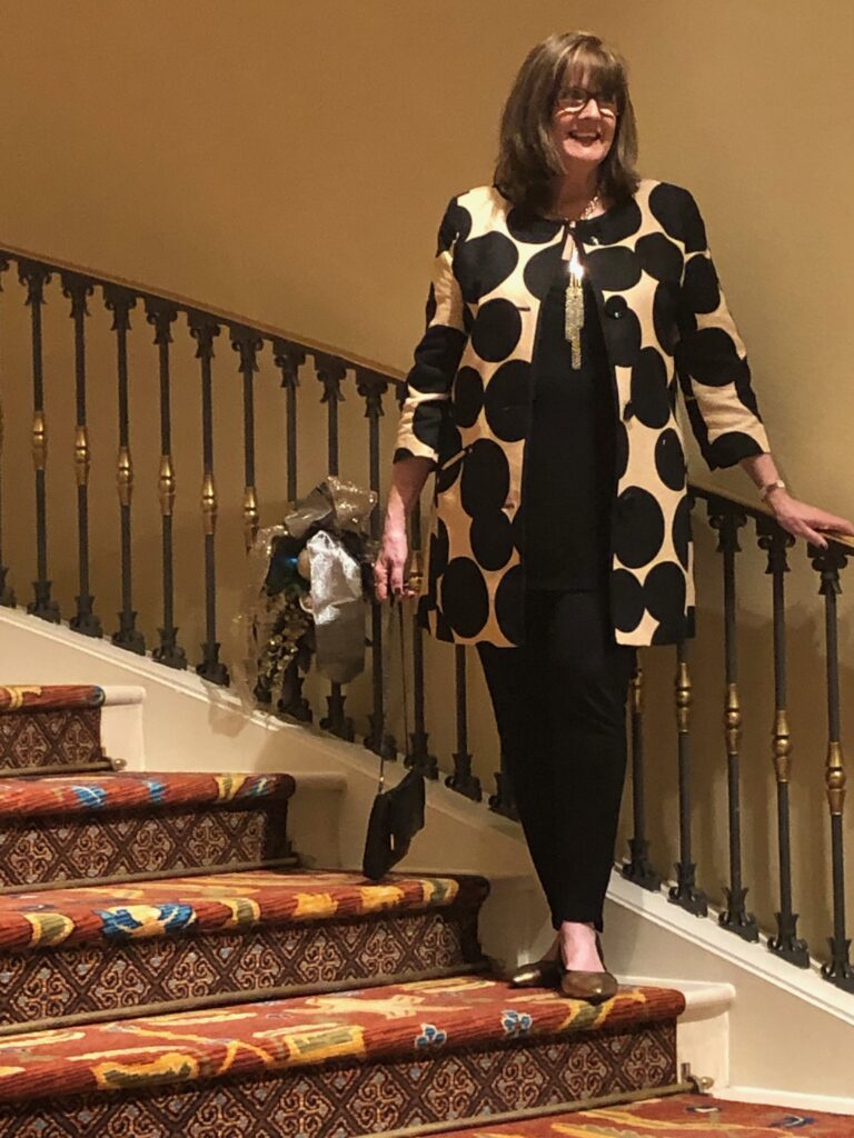 Pamela Lutrell in polka dot coat on over 50 feeling 40