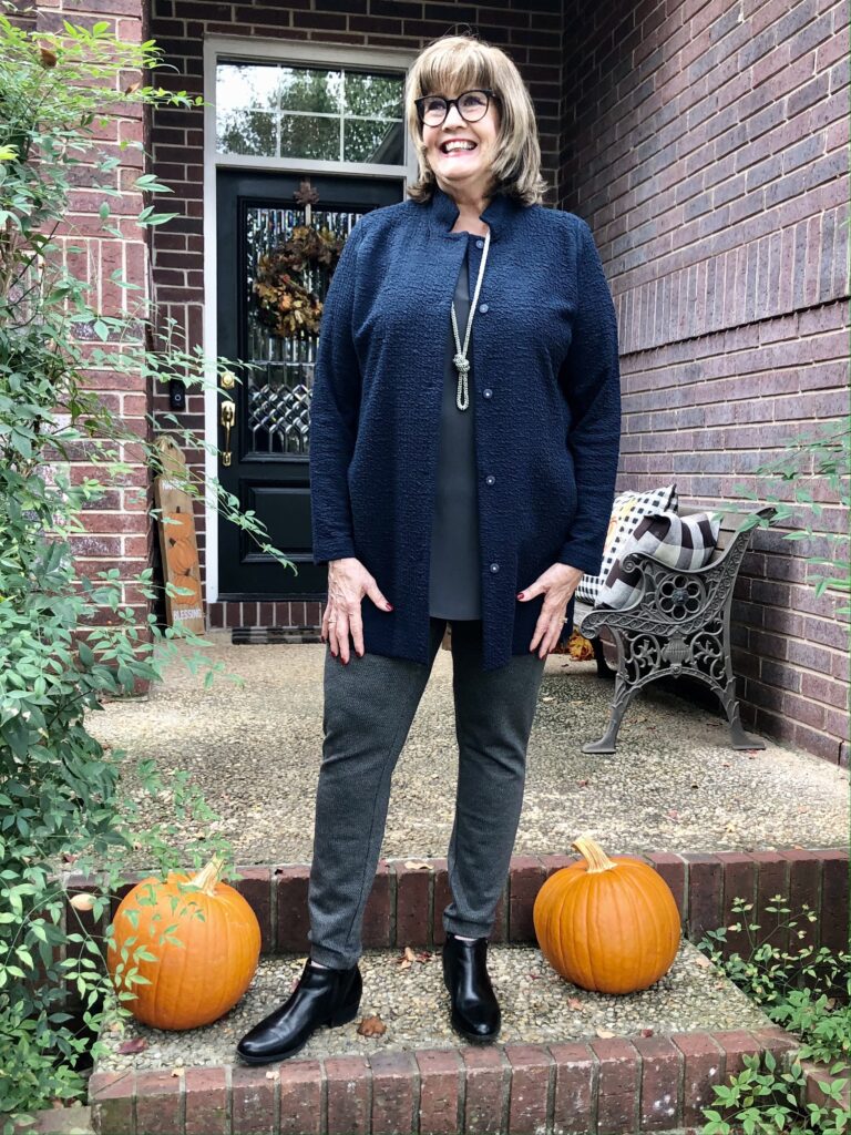 Pamela Lutrell in Eileen Fisher jacket and top for a fall style 2020