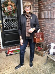 Pamela Lutrell in Eileen Fisher jacket on over 50 Feeling 40