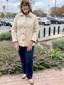 Pamela Lutrell in Lace Print Quilted Chicos jacket