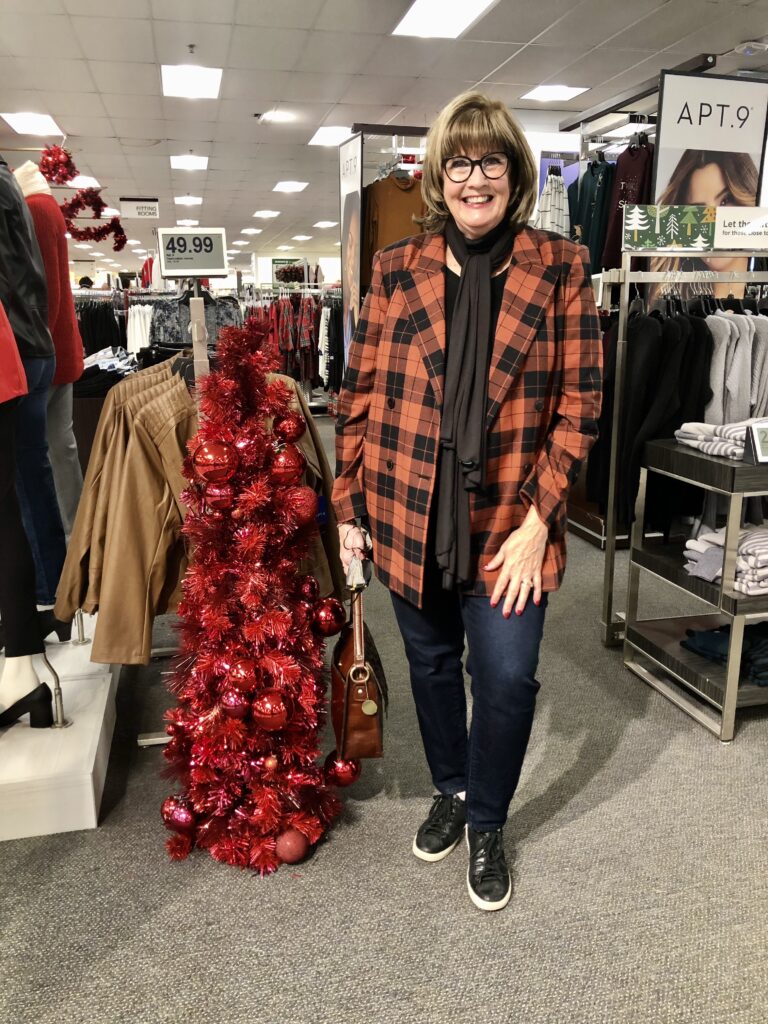 Pamela Lutrell dressed in plaid for holiday shopping