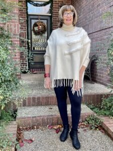 Leonisa Leggings and a poncho on over 50 feeling 40